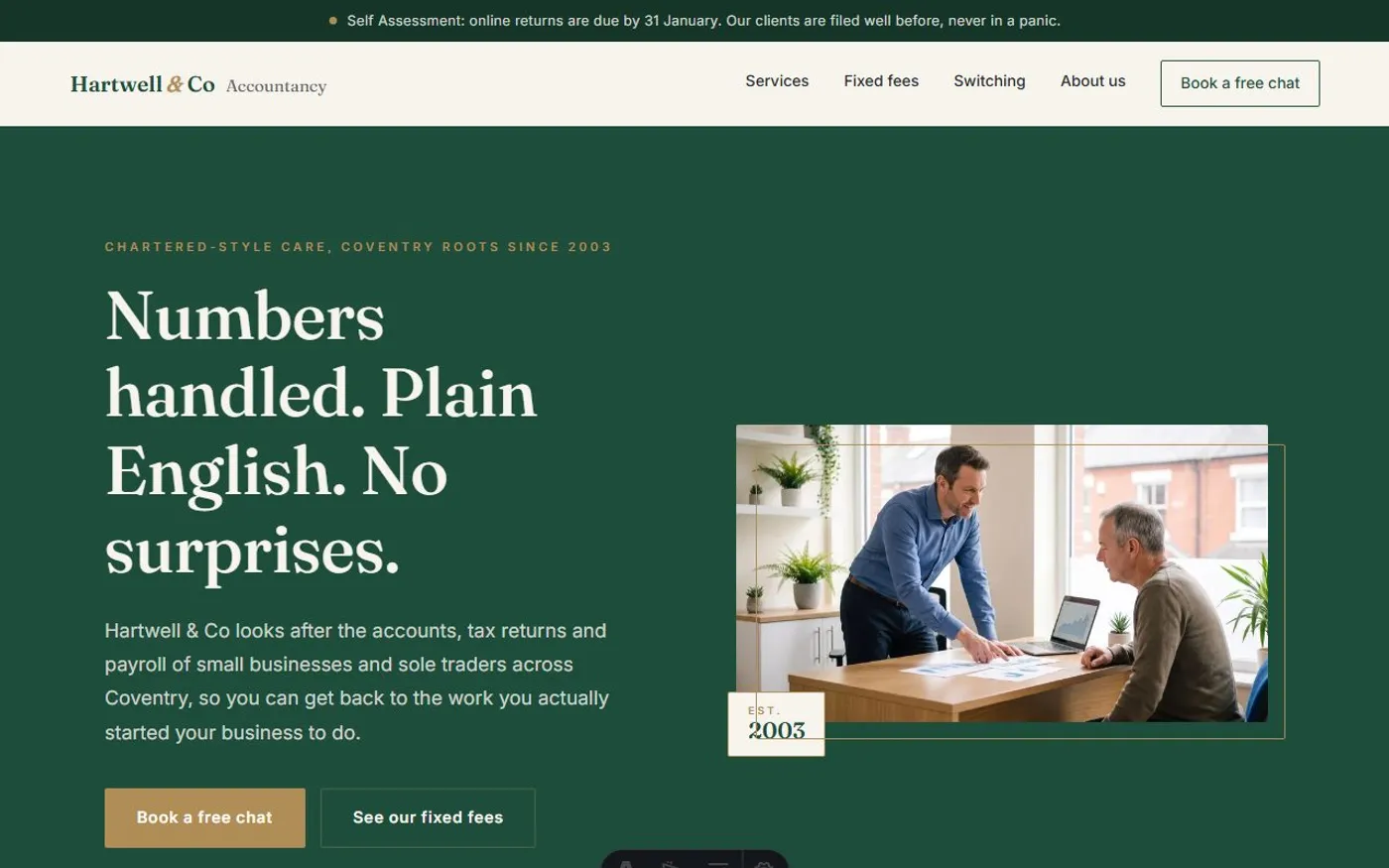 Hartwell & Co Accountancy, a sample accountant website we designed