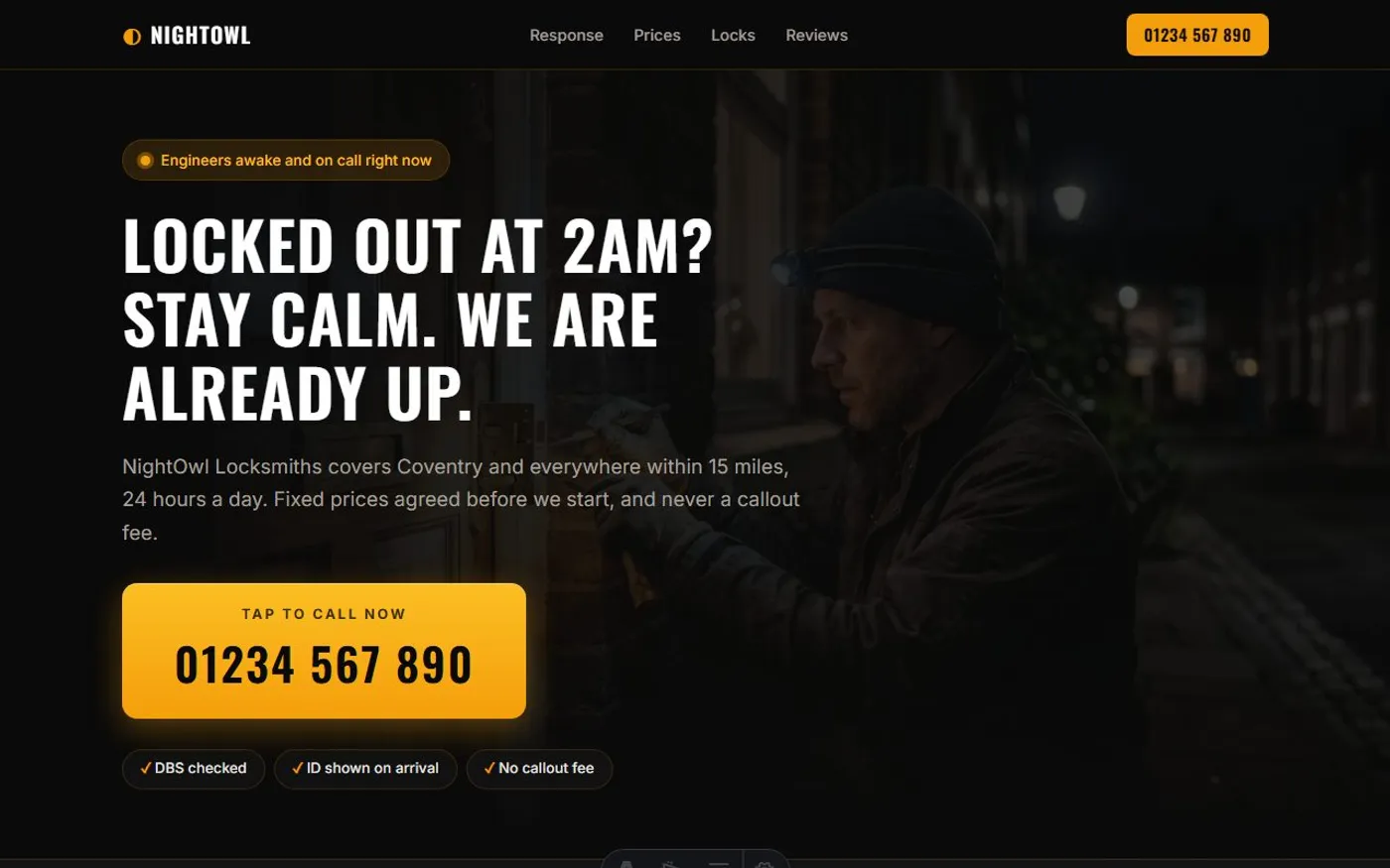 NightOwl Locksmiths, a sample locksmith website we designed